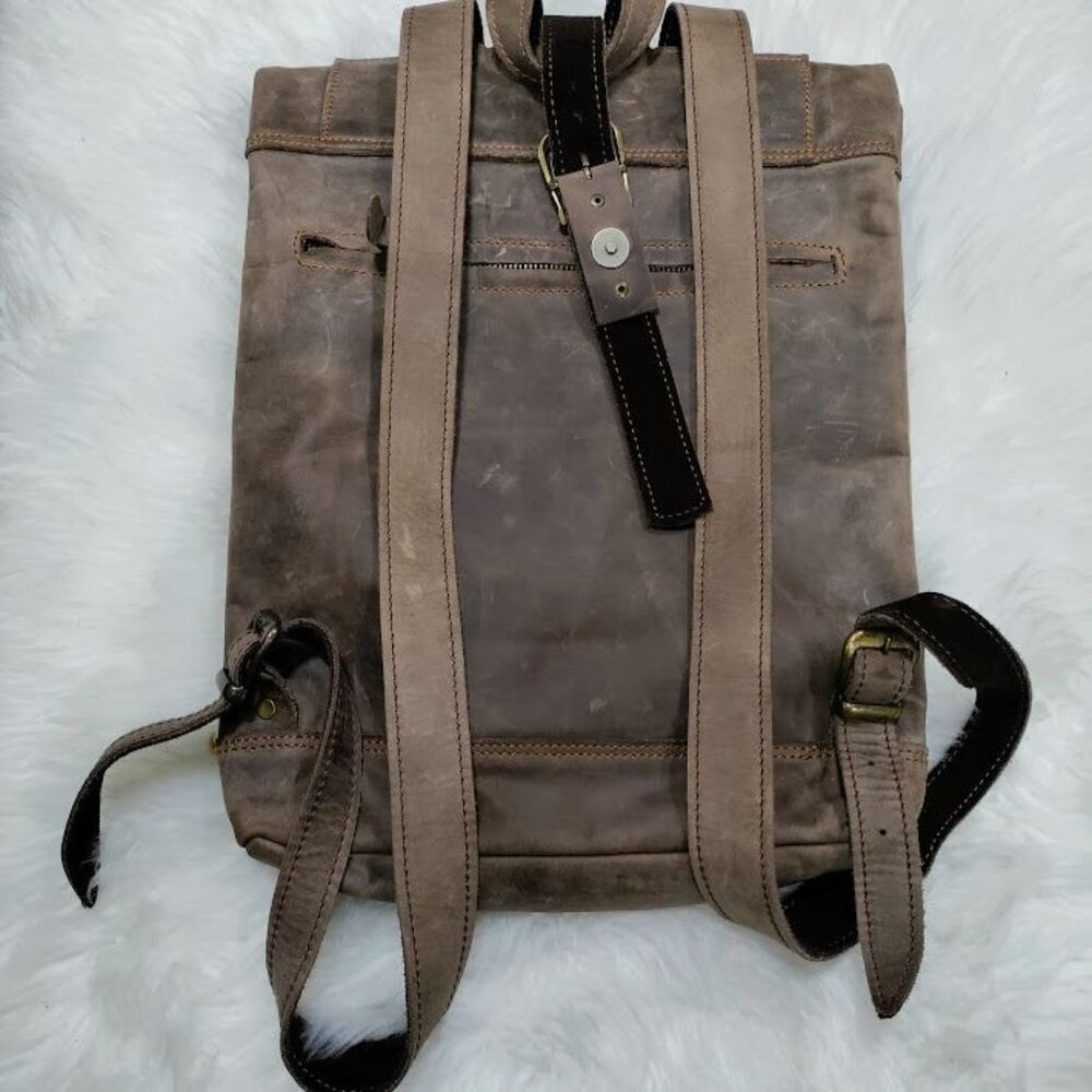 Vintage Brown Rugged Canvas Leather Roll Top Closure Adjustable Straps Backpack - Picture 3 of 10